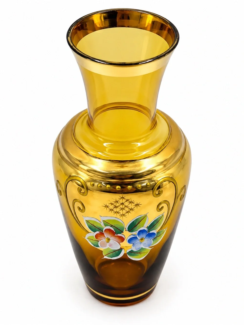 Vintage Bohemian Amber Glass Bud Vase Hand-Painted Floral Gold Trim 5.6”